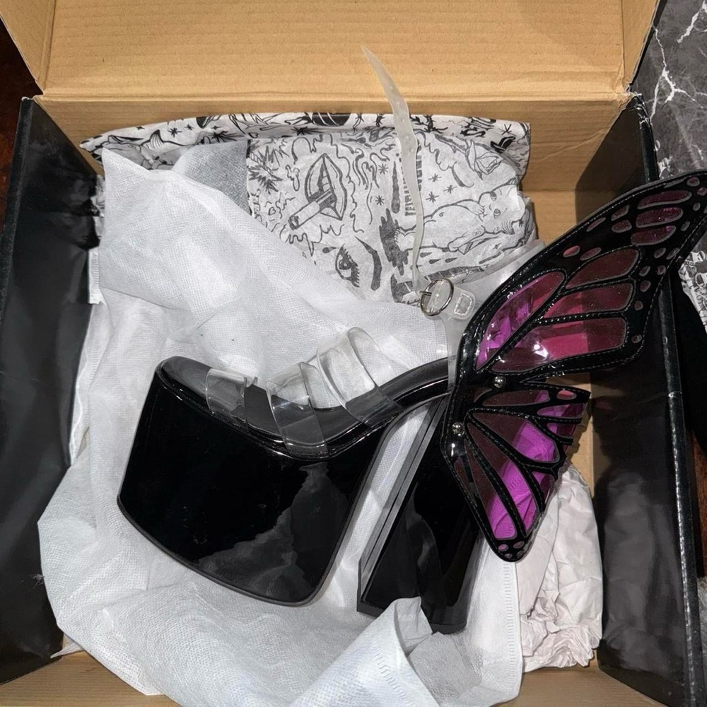 Black Platform Heels with Purple Butterfly Wing